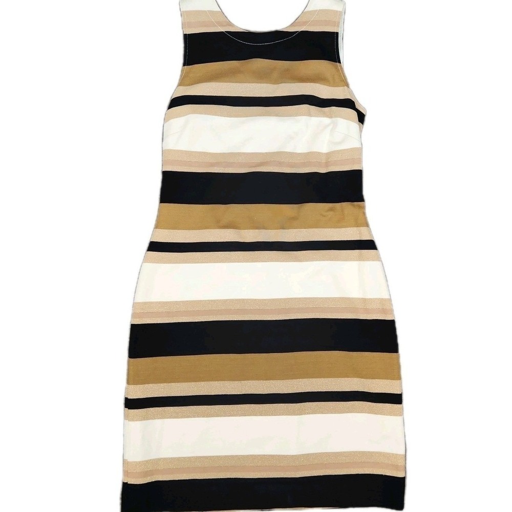 Banana Republic Sheath Dress Sz 10 Black Cream Metallic Stripe Office Workwear